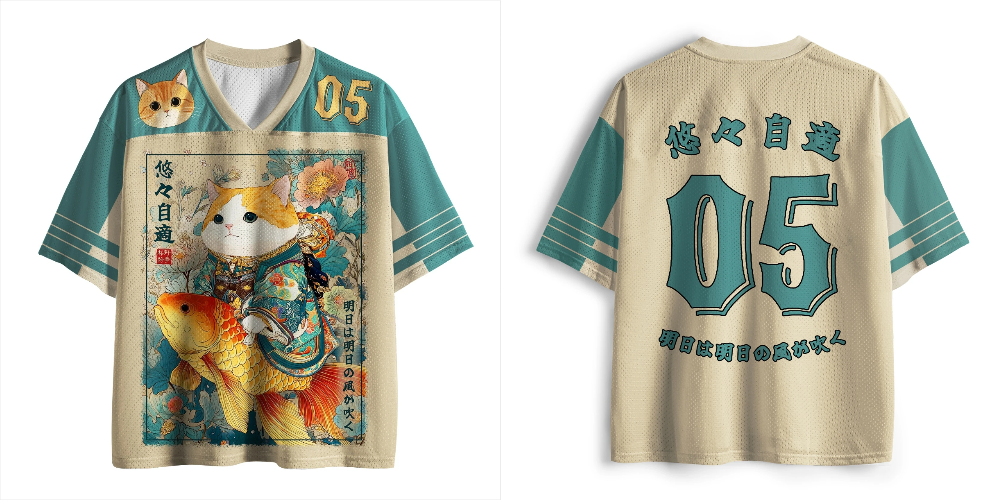 Lucky Cat Koi Fish 3D V-neck T-shirt with Retro Japanese Aesthetics, Oversized Children's and Women's Jerseys, Streetwear Tops