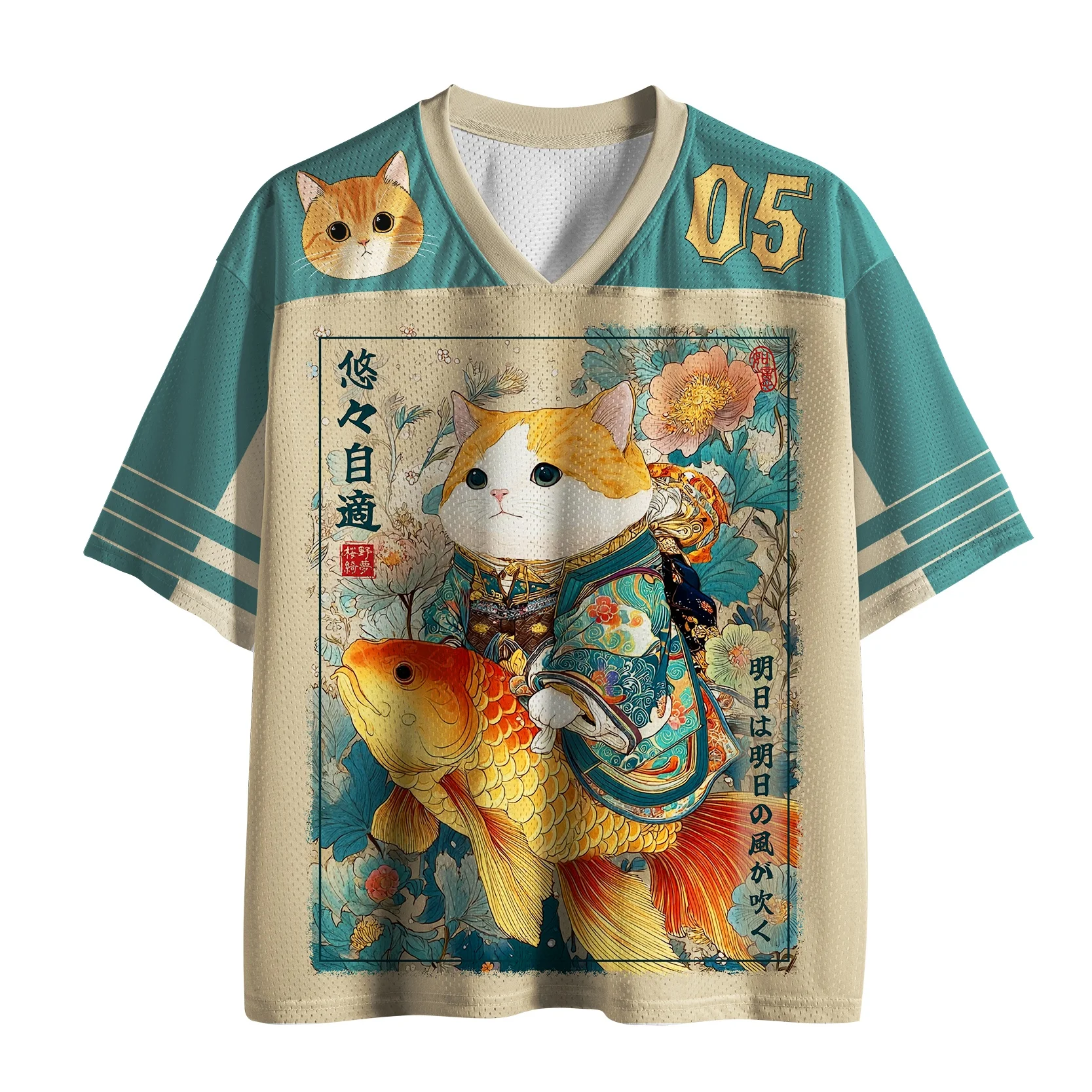 Lucky Cat Koi Fish 3D V-neck T-shirt with Retro Japanese Aesthetics, Oversized Children's and Women's Jerseys, Streetwear Tops