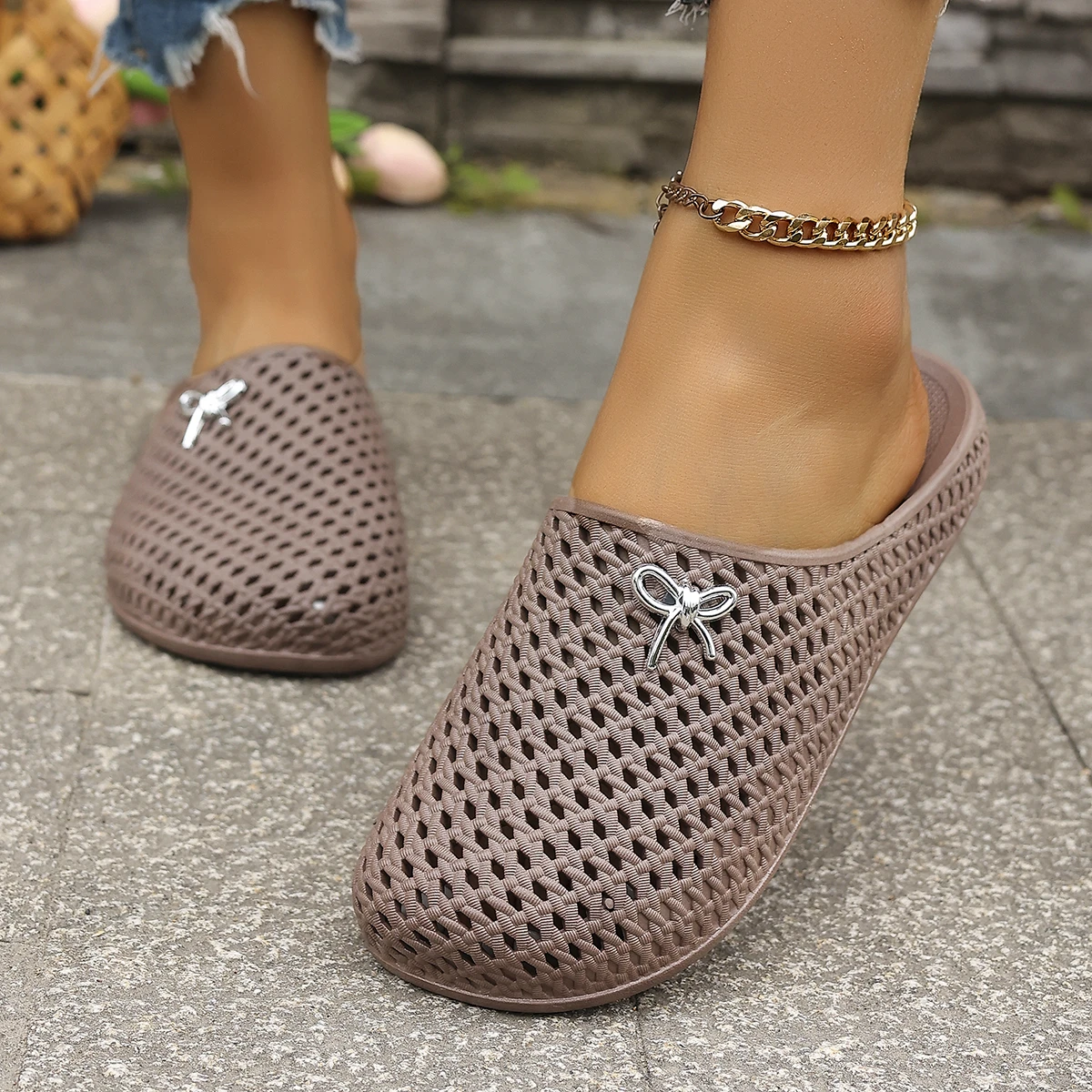 Summer Women Hollow Out Breathable Clog Mules Bow Decor Non-Slip Soft Sole Home Garden Beach Daily Casual Walking Shoes