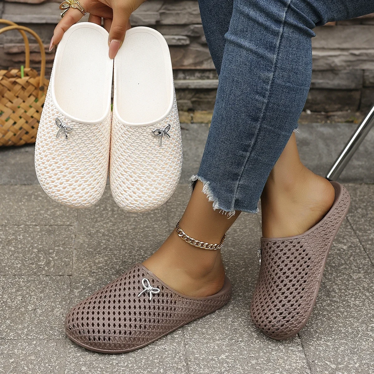 Summer Women Hollow Out Breathable Clog Mules Bow Decor Non-Slip Soft Sole Home Garden Beach Daily Casual Walking Shoes