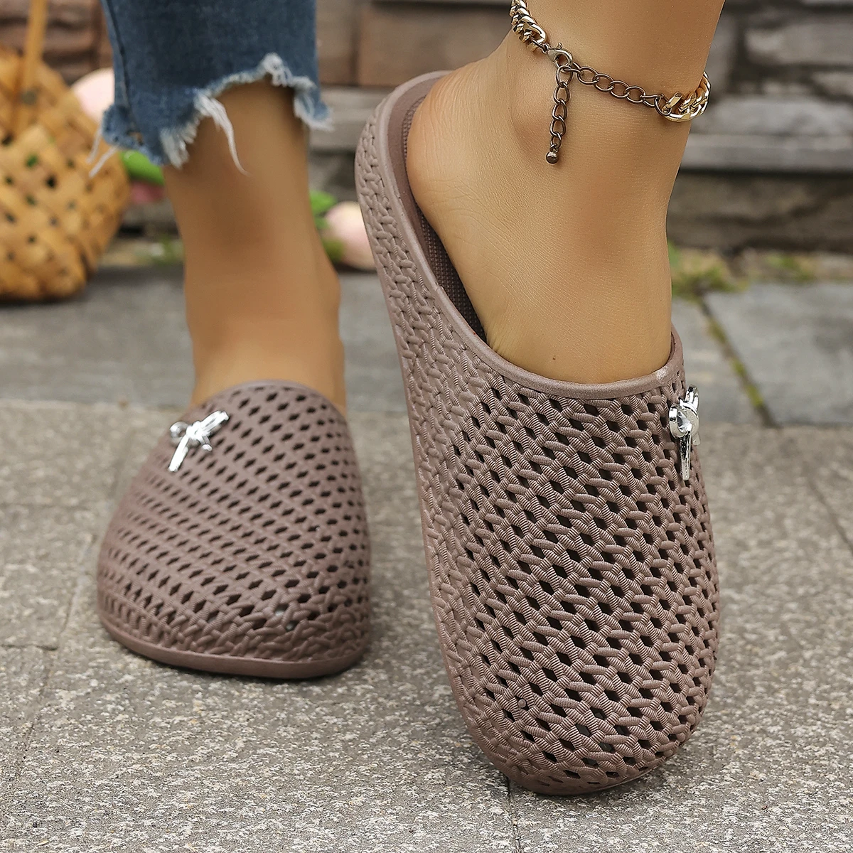 Summer Women Hollow Out Breathable Clog Mules Bow Decor Non-Slip Soft Sole Home Garden Beach Daily Casual Walking Shoes