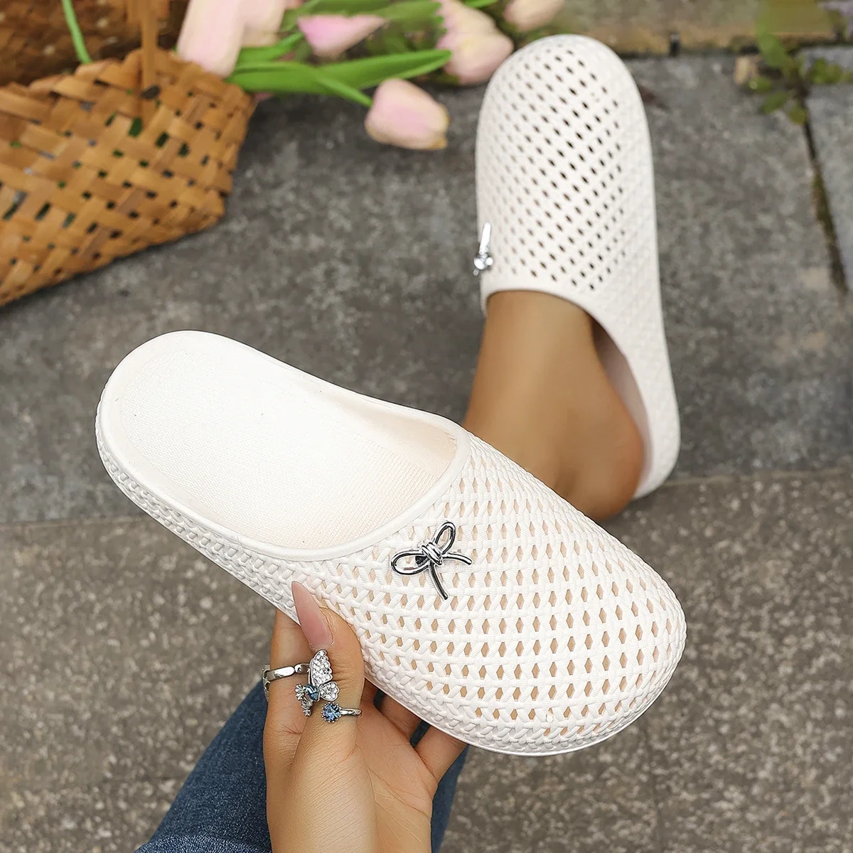 Summer Women Hollow Out Breathable Clog Mules Bow Decor Non-Slip Soft Sole Home Garden Beach Daily Casual Walking Shoes