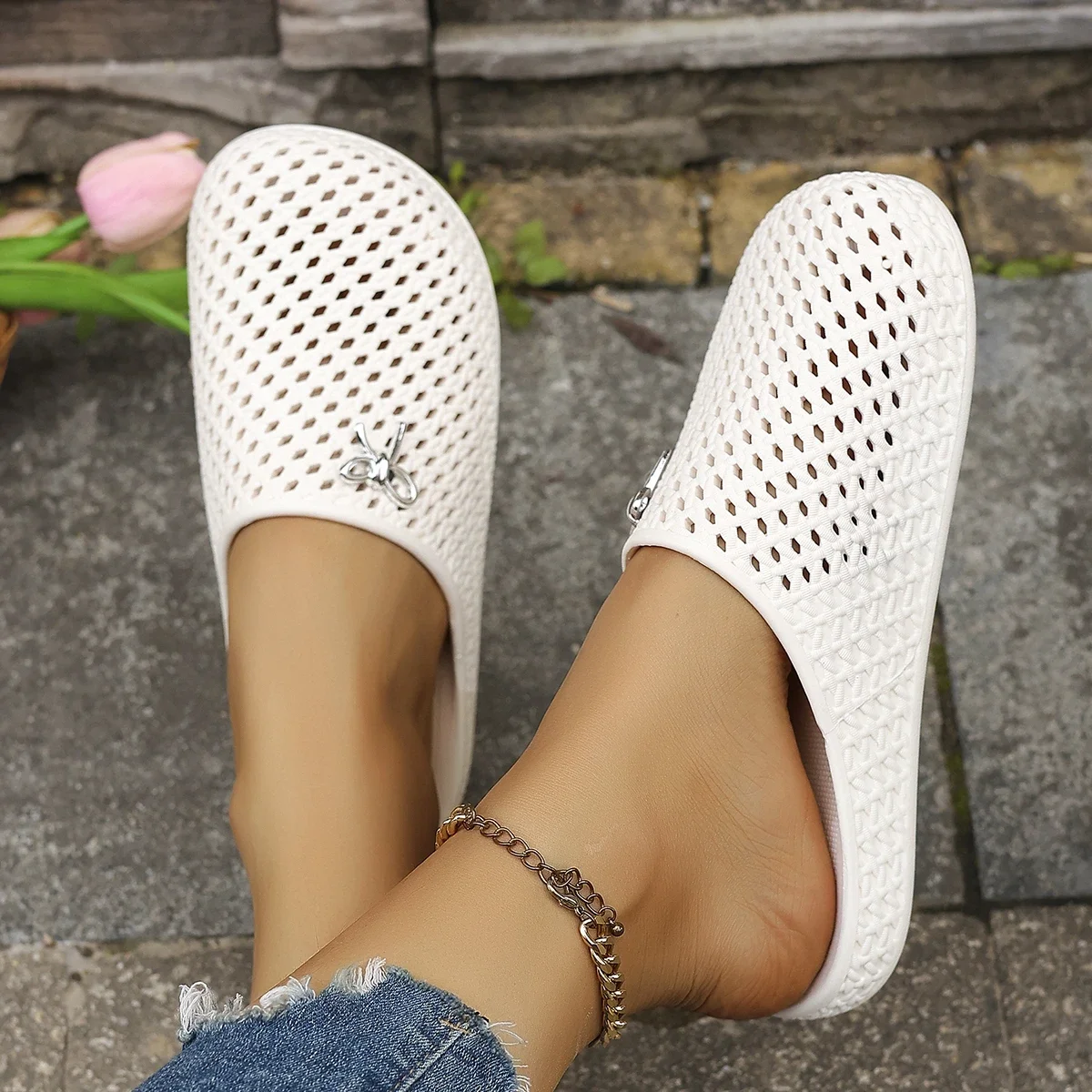 Summer Women Hollow Out Breathable Clog Mules Bow Decor Non-Slip Soft Sole Home Garden Beach Daily Casual Walking Shoes