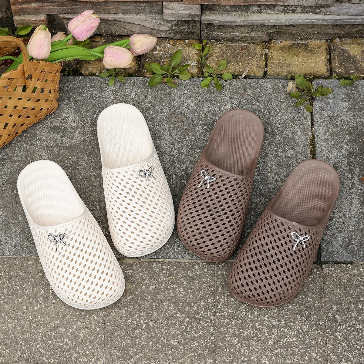 Summer Women Hollow Out Breathable Clog Mules Bow Decor Non-Slip Soft Sole Home Garden Beach Daily Casual Walking Shoes