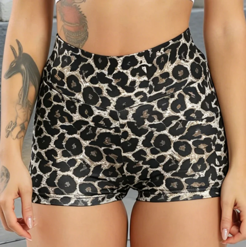 Women's High Waist Stretch Leggings Leopard Yoga Shorts Tummy Slimming Booty Lift Quick Drying Breathable for Running Workout