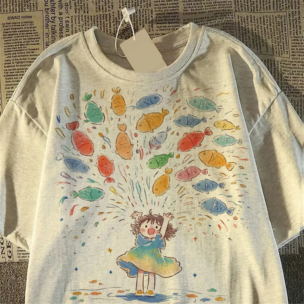 Men/Women Cute Cartoon Girl Fish Print Oversized T-Shirt Casual Short Sleeve Summer Tee