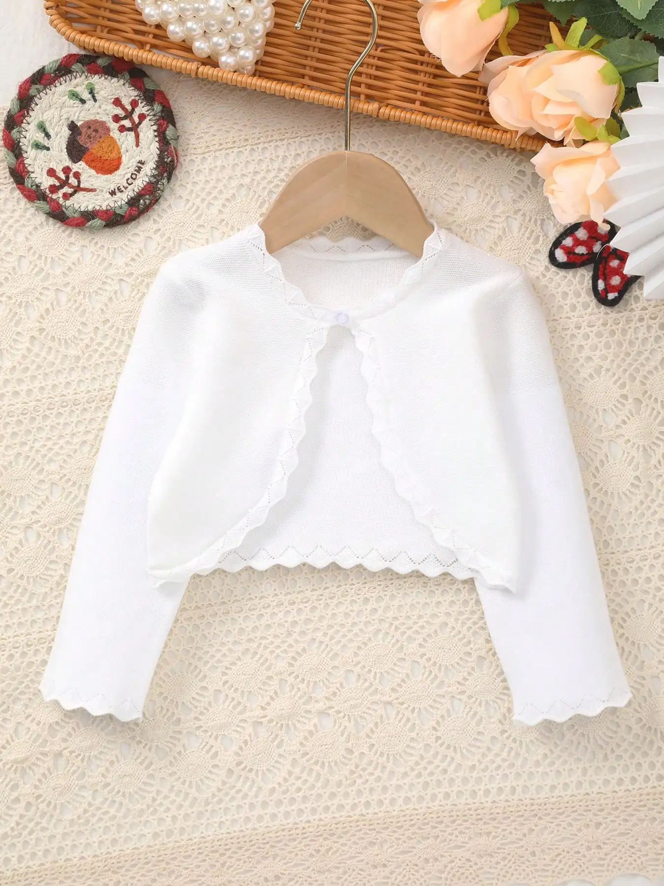 Baby Girl's Spring Elegant and Sweet Solid Color Knitted Shawl with Lace Design Adds a More Gentle Touch