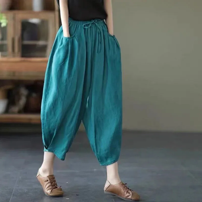 Women's Solid Color Retro Elastic Waist Pants Office Lady Fashion New Arrival Trendy Comfortable