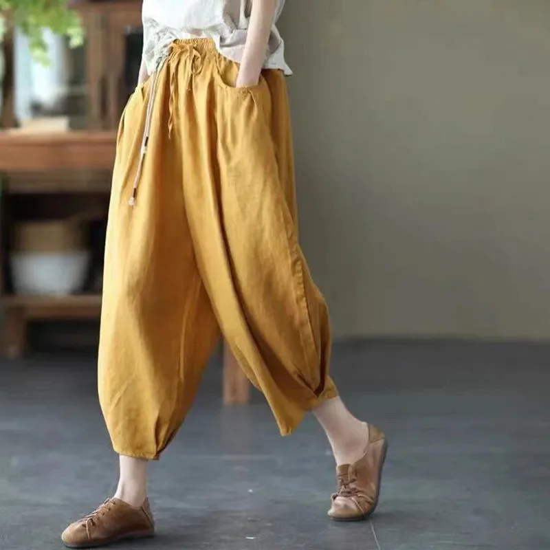 Women's Solid Color Retro Elastic Waist Pants Office Lady Fashion New Arrival Trendy Comfortable