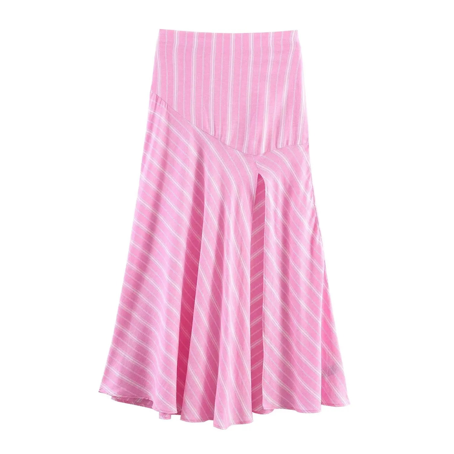 Women's Fashion Skirt Set 2 Piece Set Pink Oversize Long Sleeve Striped Shirt & Zipper Splicing Pleated Midi Skirt Female Outfit
