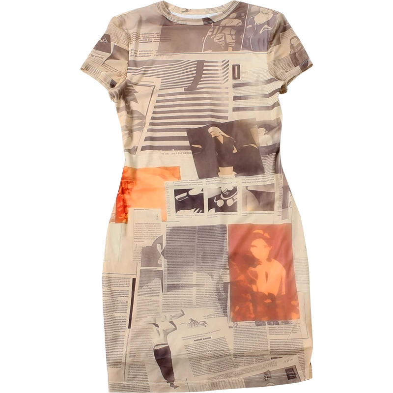 SIsterlinda Newspaper Print Chic Sexy Dress Woman Fashion O-Neck Short Sleeve Skinny Peach Buttocks Midnight Club Party Bodycon