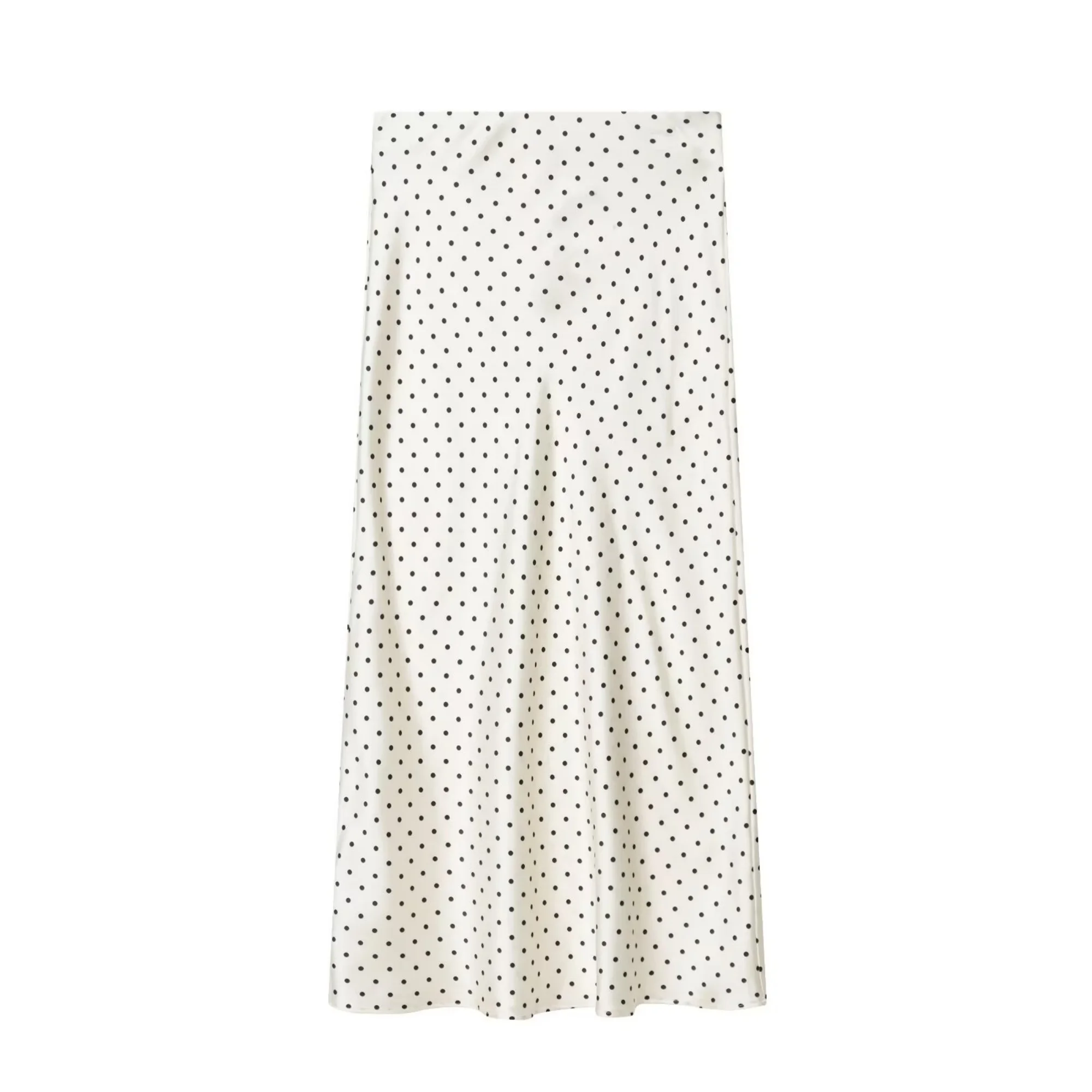 Women White Vintage Polka Dot Satin Skirts Spring Summer New High Waist Casual Mid Length Skirts Lady Elegant Party Skirts