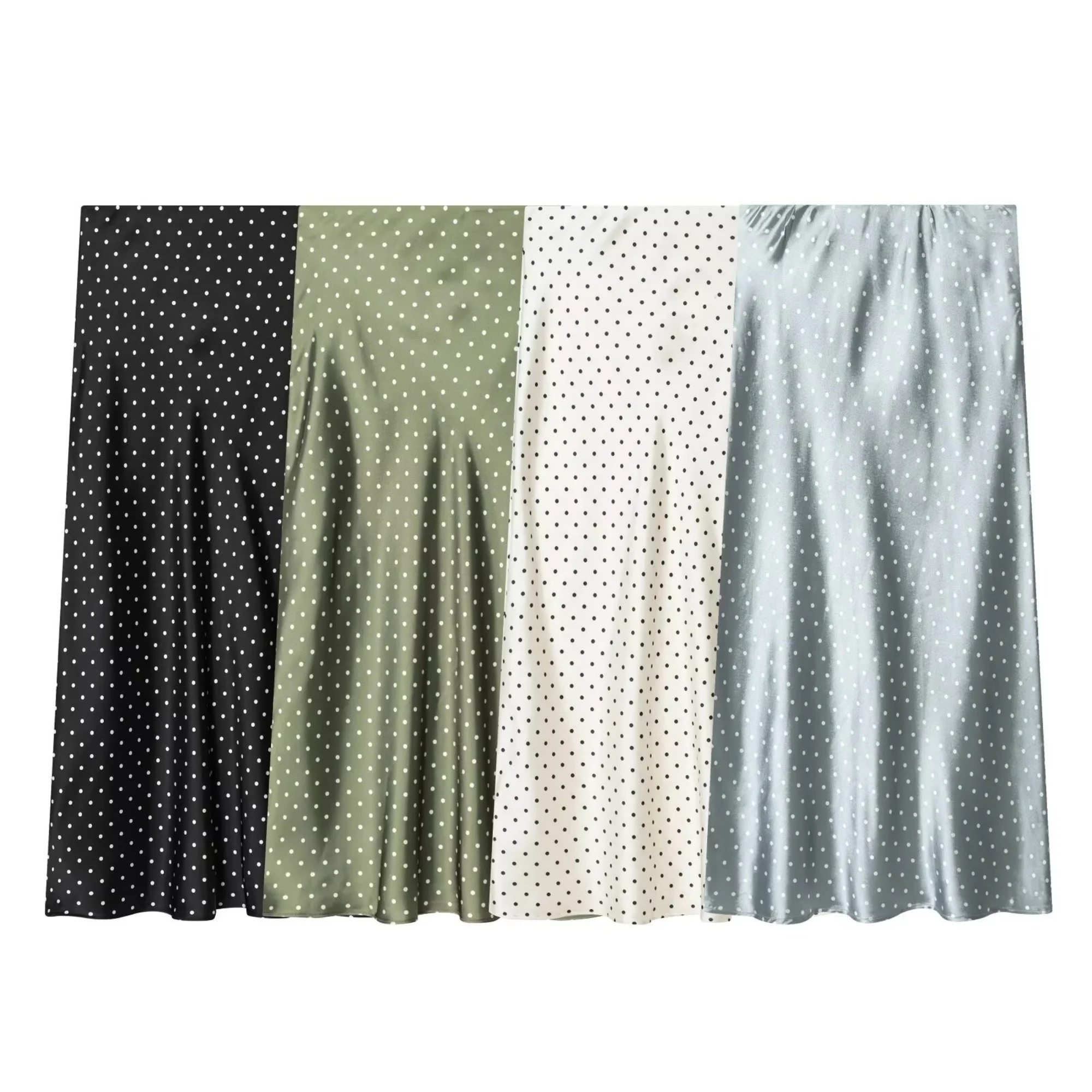 Women White Vintage Polka Dot Satin Skirts Spring Summer New High Waist Casual Mid Length Skirts Lady Elegant Party Skirts