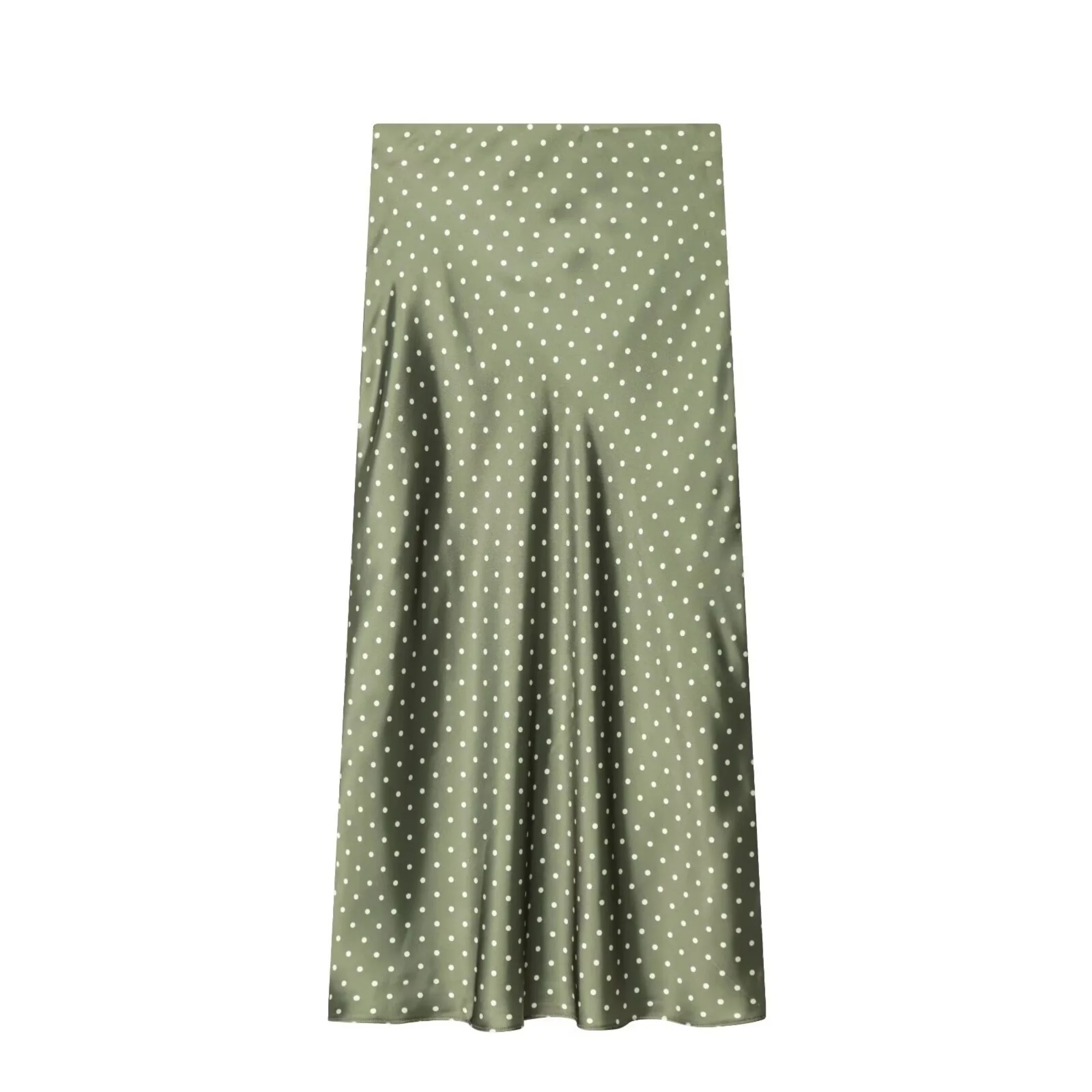 Women White Vintage Polka Dot Satin Skirts Spring Summer New High Waist Casual Mid Length Skirts Lady Elegant Party Skirts