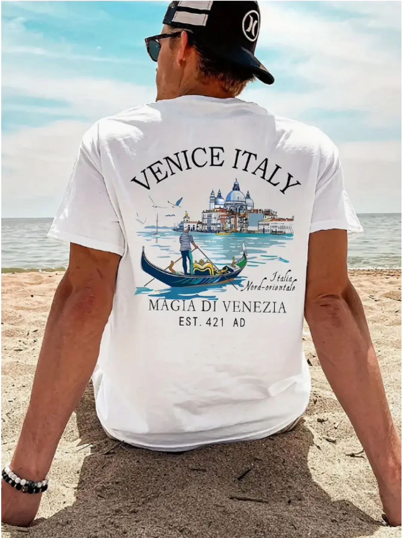 Retro Venice Italy Graphic Tee with Gondola and Canal Watercolor Print 100% Cotton Men's T-shirt Summer Casual Beachwear