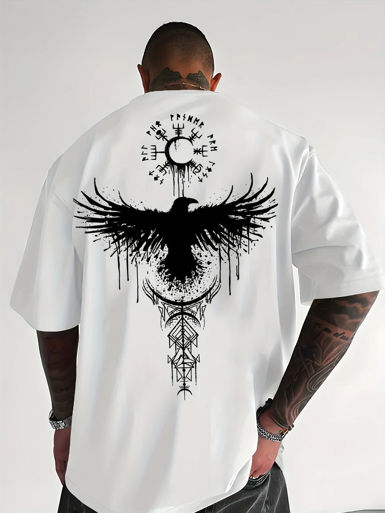 Viking Raven Norse Mythology Graphic Tee 100% Cotton Men's T-shirt Summer Casual Streetwear Breathable Shirts for Male Daily