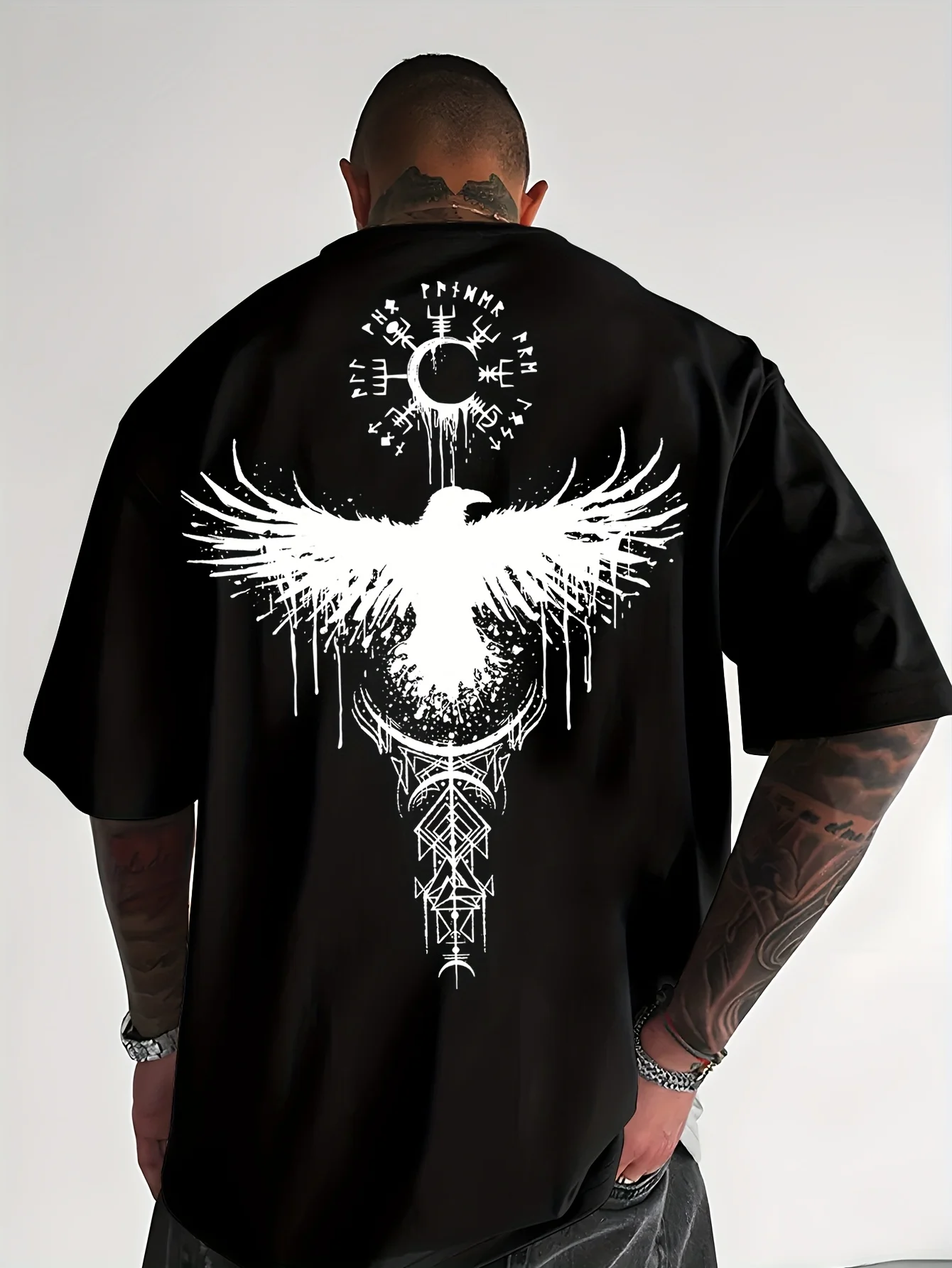 Viking Raven Norse Mythology Graphic Tee 100% Cotton Men's T-shirt Summer Casual Streetwear Breathable Shirts for Male Daily
