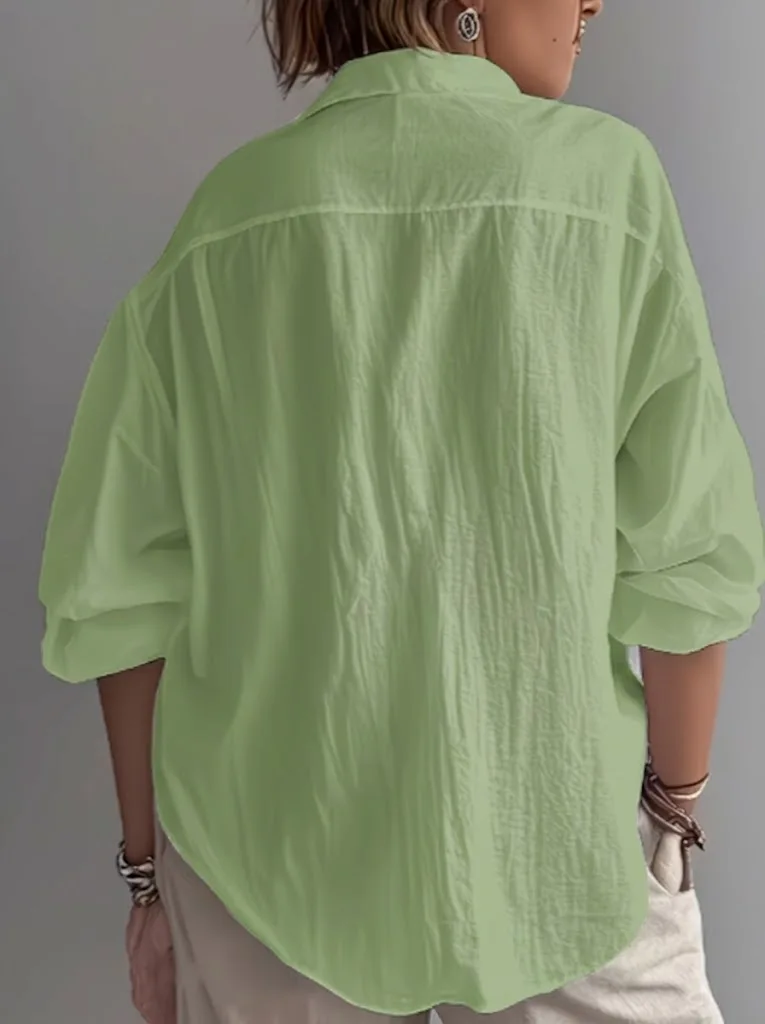 Ladies' elegant and classic cotton and linen pure-color button-down 3/4-sleeve shirt, fashionable and versatile for daily outing