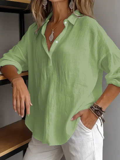 Ladies' elegant and classic cotton and linen pure-color button-down 3/4-sleeve shirt, fashionable and versatile for daily outing