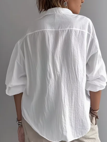 Ladies' elegant and classic cotton and linen pure-color button-down 3/4-sleeve shirt, fashionable and versatile for daily outing