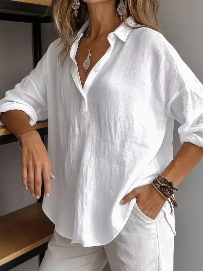 Ladies' elegant and classic cotton and linen pure-color button-down 3/4-sleeve shirt, fashionable and versatile for daily outing