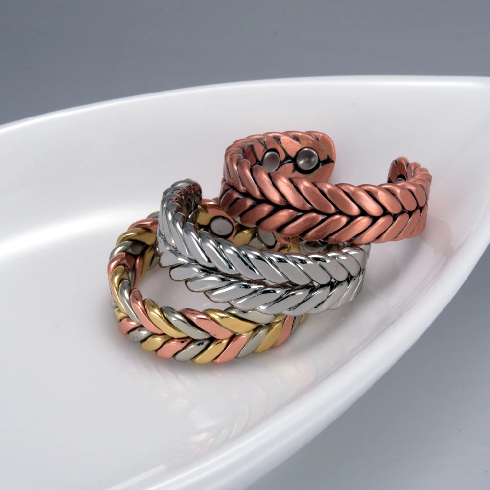 Vinterly Pure Copper Rings Magnetic Health Energy Braided Twisted Finger Open Cuff Adjustable Wedding Bands 7.3mm Wide Jewelry