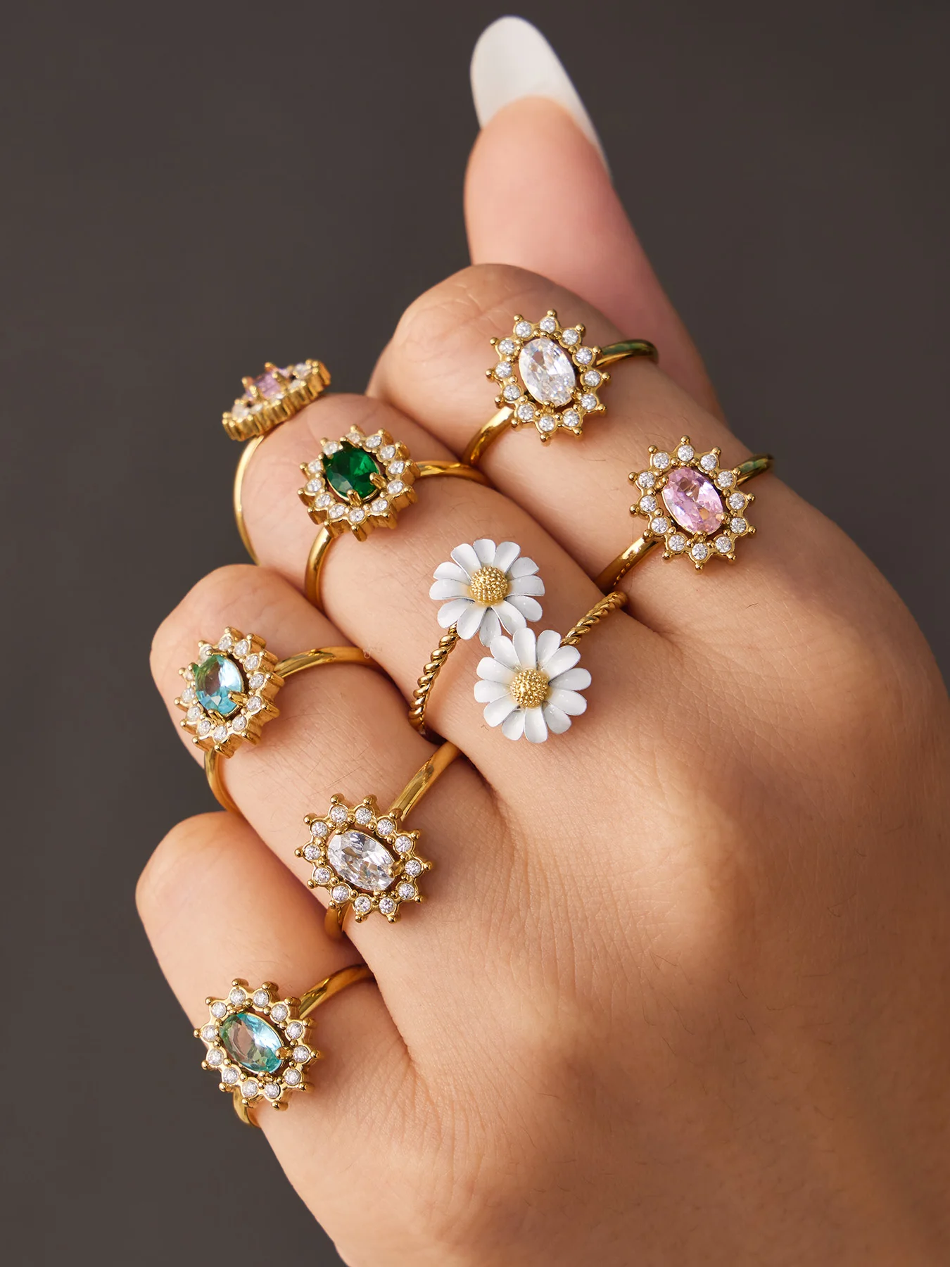 Ferris Wheel Glossy Cubic Zirconia Women's Rings Stainless Steel PVD Gold Plated Waterproof Open Rings No Tarnish Women Jewelry