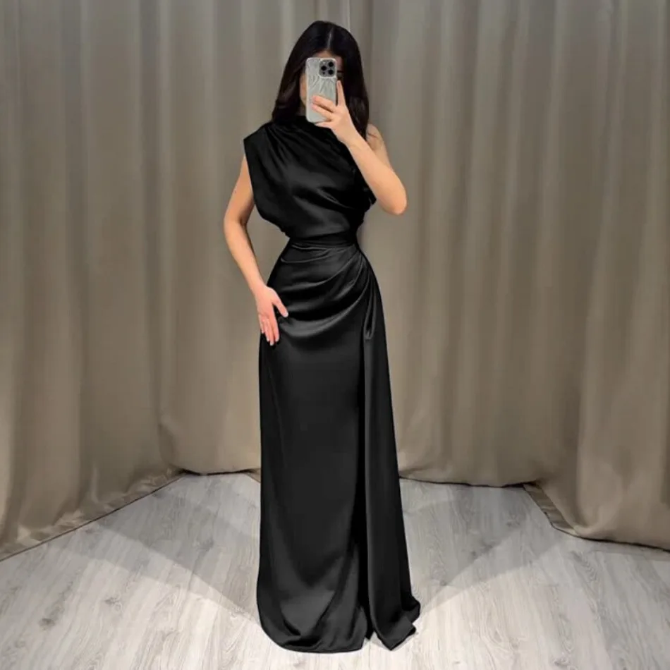 Summer New ElegantSatin Patchwork Maxi Dress Women Sleeveless Ruched Slim Long Dresses Wedding Guest Evening Party Robes