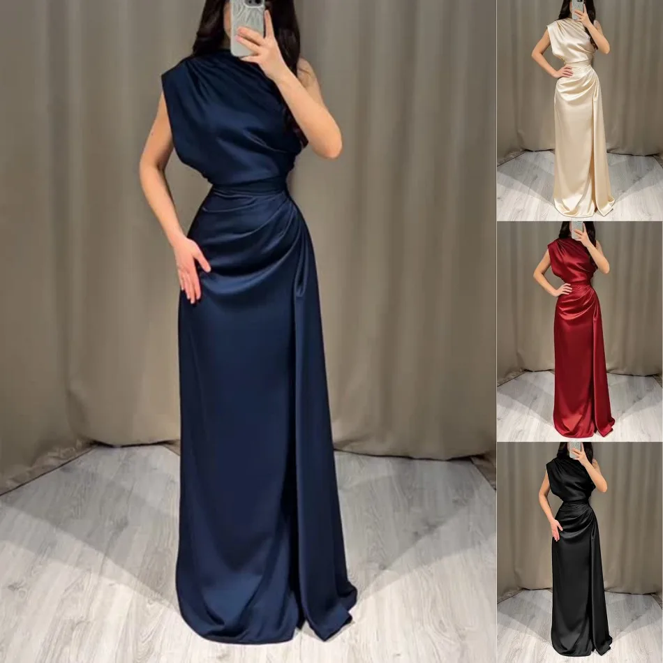 Summer New ElegantSatin Patchwork Maxi Dress Women Sleeveless Ruched Slim Long Dresses Wedding Guest Evening Party Robes