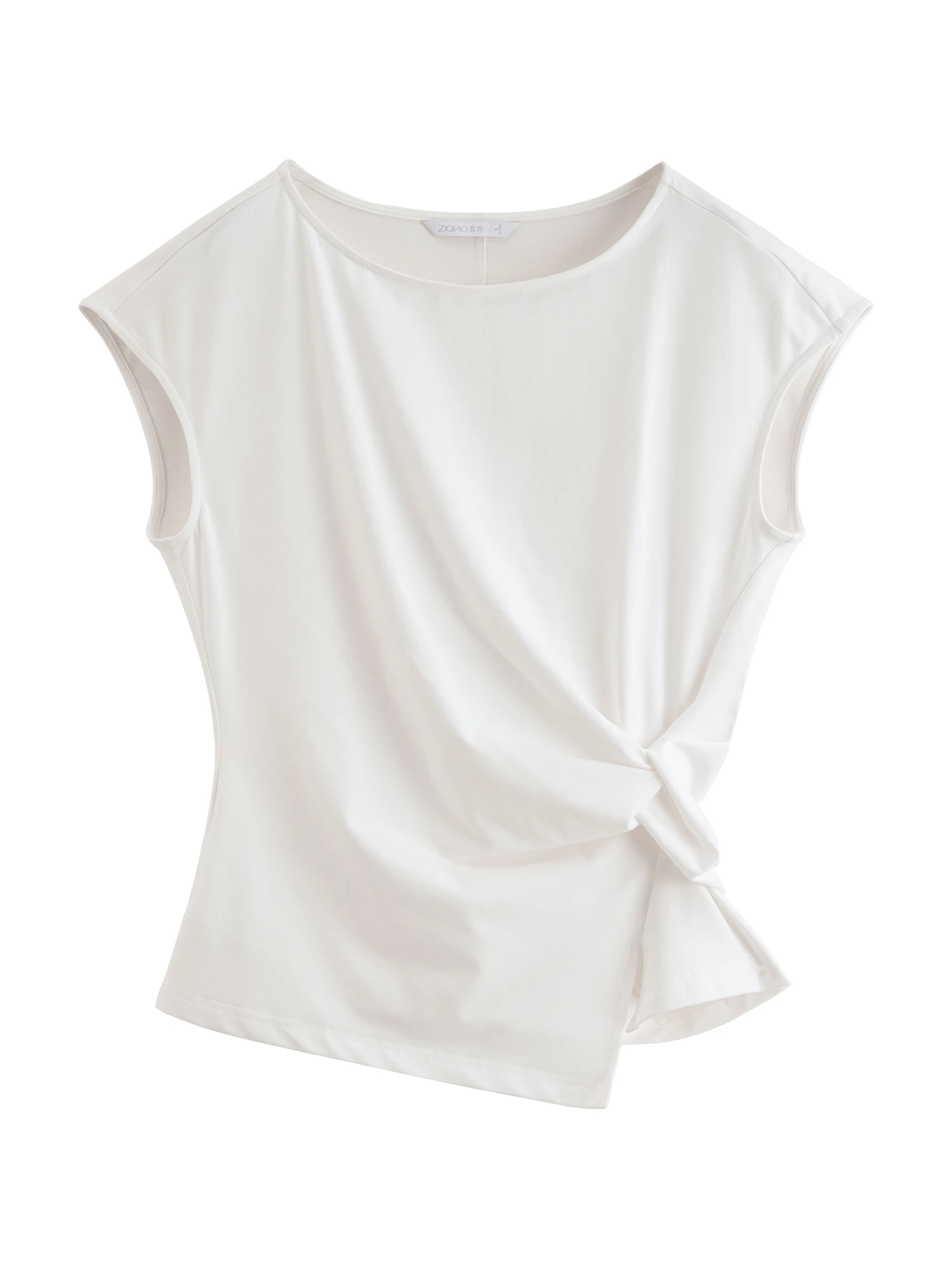 ZIQIAO 2026 New Summer Women Twist Front Slim Fit Crew Neck T-Shirt, White Knot Top for Coquette & Quiet Luxury Daily Style