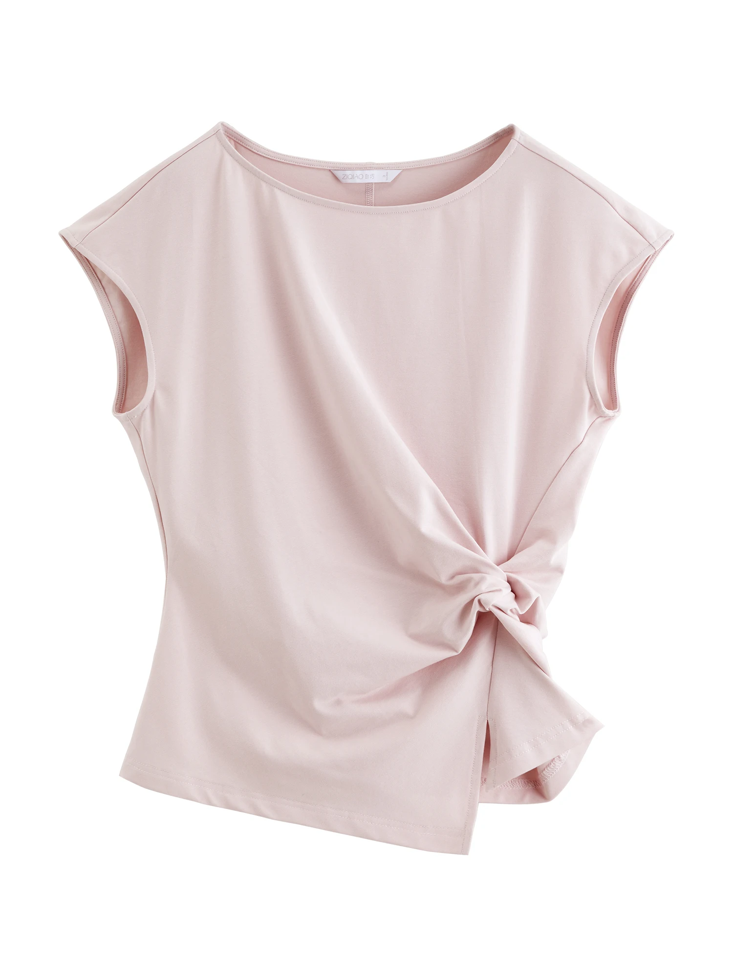 ZIQIAO 2026 New Summer Women Twist Front Slim Fit Crew Neck T-Shirt, White Knot Top for Coquette & Quiet Luxury Daily Style