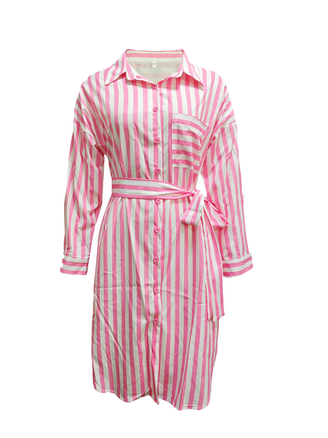Striped Button Down Shirt Dress With Waist Belt Roll Up Sleeves For Women