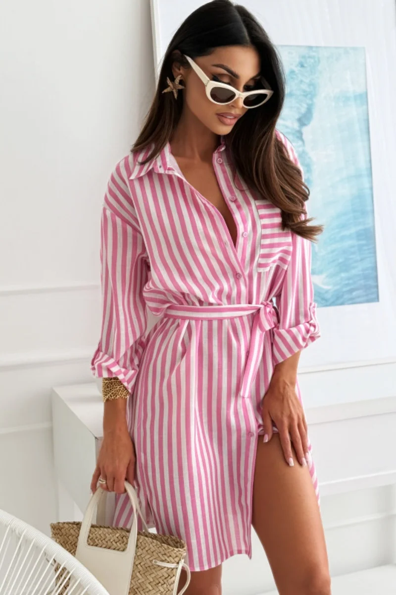 Striped Button Down Shirt Dress With Waist Belt Roll Up Sleeves For Women
