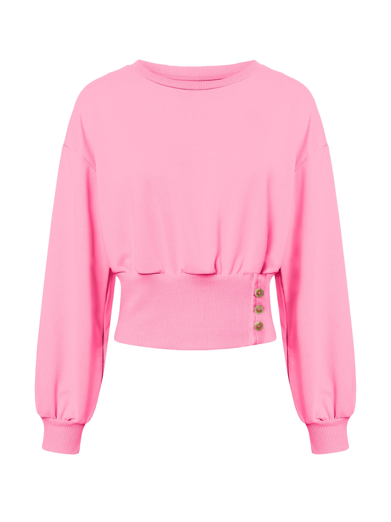 Women Casual Crew Neck Cropped Sweatshirt, Long Sleeve Ruched Waist Button Side Pullover Top, Solid Color Slim Fit Streetwear