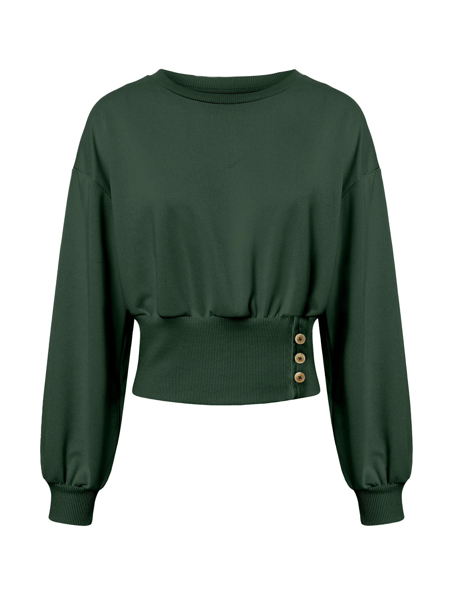 Women Casual Crew Neck Cropped Sweatshirt, Long Sleeve Ruched Waist Button Side Pullover Top, Solid Color Slim Fit Streetwear