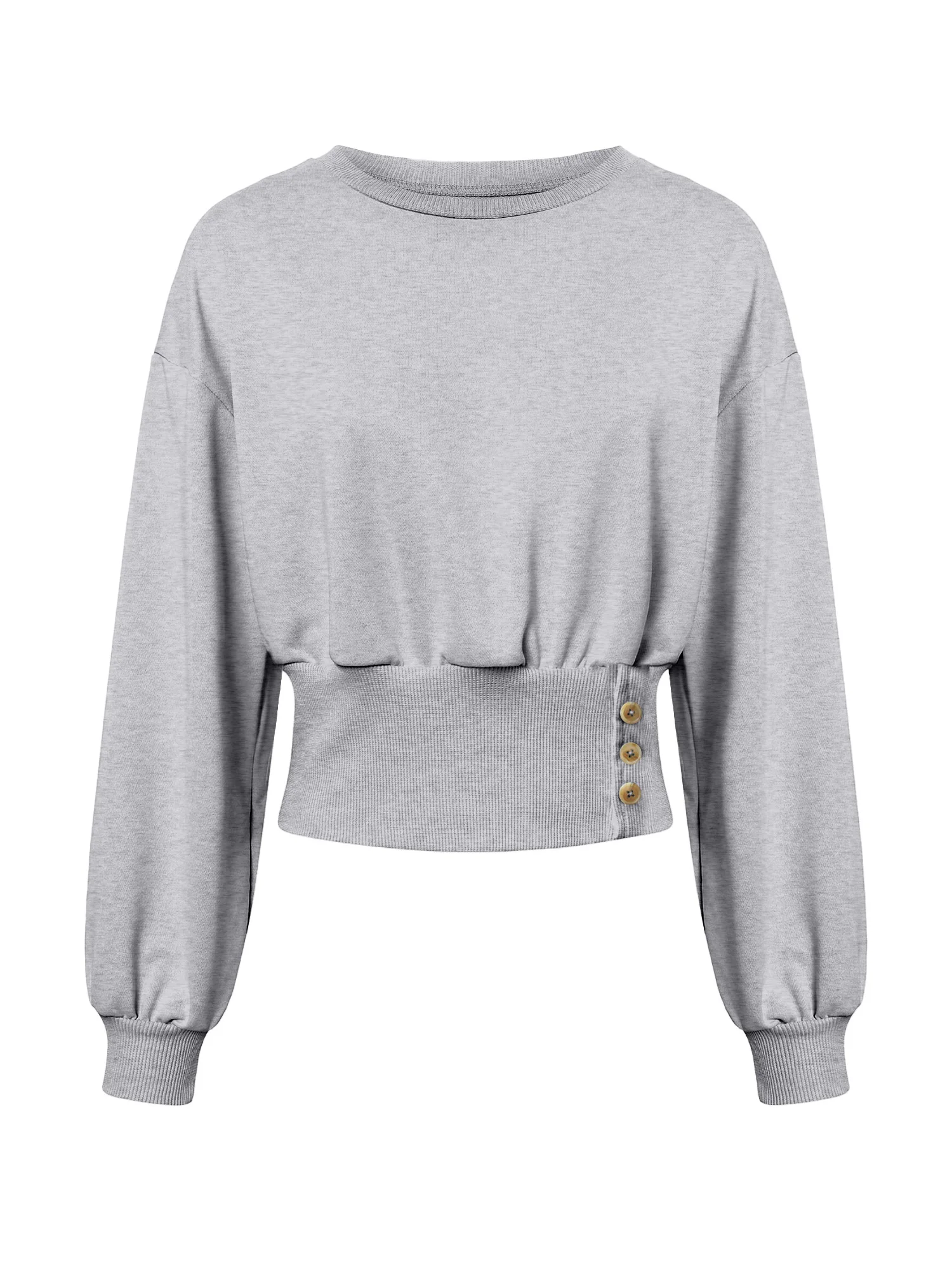 Women Casual Crew Neck Cropped Sweatshirt, Long Sleeve Ruched Waist Button Side Pullover Top, Solid Color Slim Fit Streetwear