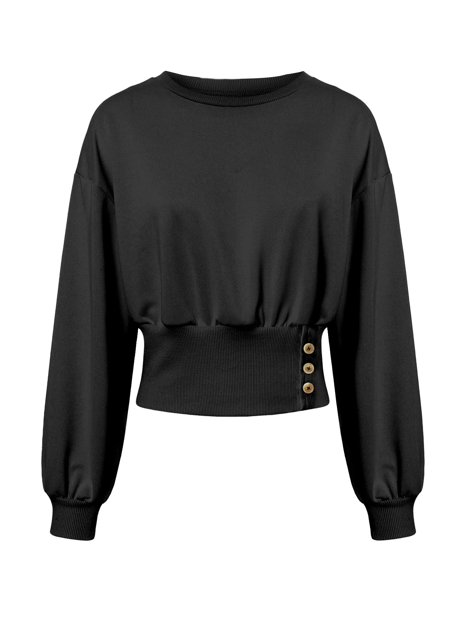 Women Casual Crew Neck Cropped Sweatshirt, Long Sleeve Ruched Waist Button Side Pullover Top, Solid Color Slim Fit Streetwear