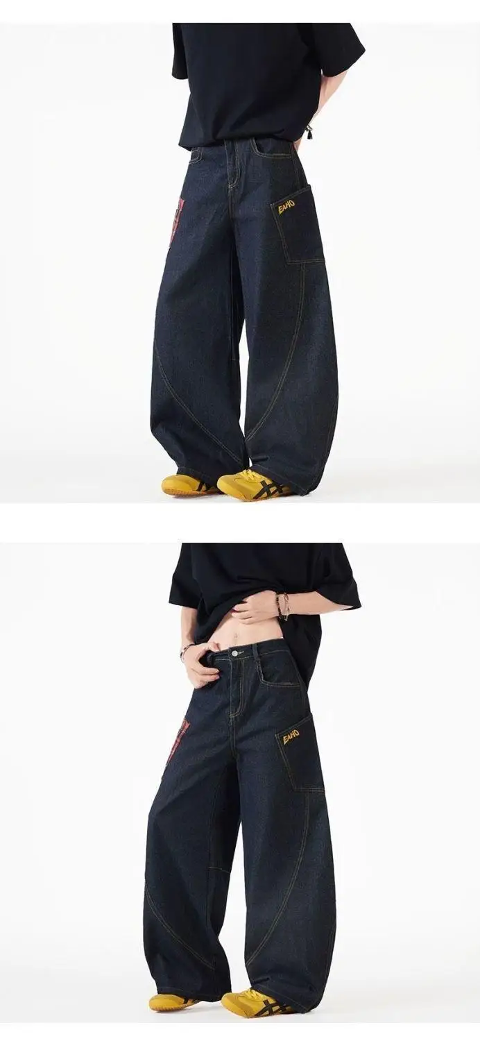 Vintage Y2k Plaid Wide Leg Baggy Pants Men Streetwear Black Straight Denim Long Trousers Loose Patchwork Fashion Curved Pants