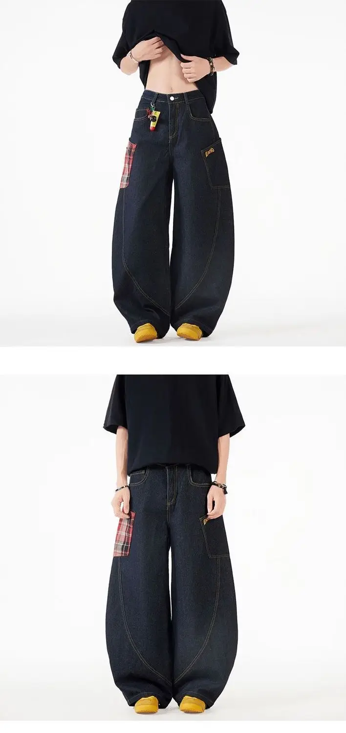 Vintage Y2k Plaid Wide Leg Baggy Pants Men Streetwear Black Straight Denim Long Trousers Loose Patchwork Fashion Curved Pants