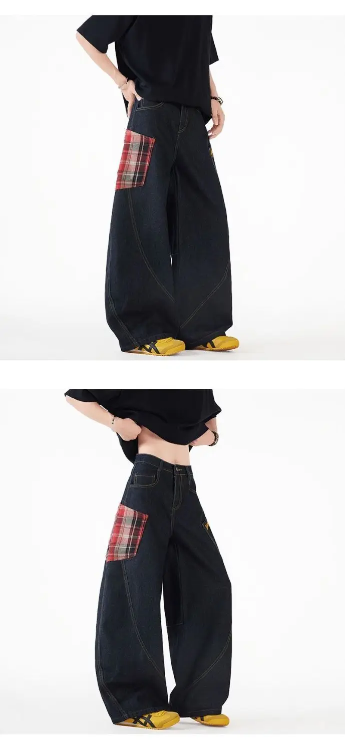 Vintage Y2k Plaid Wide Leg Baggy Pants Men Streetwear Black Straight Denim Long Trousers Loose Patchwork Fashion Curved Pants