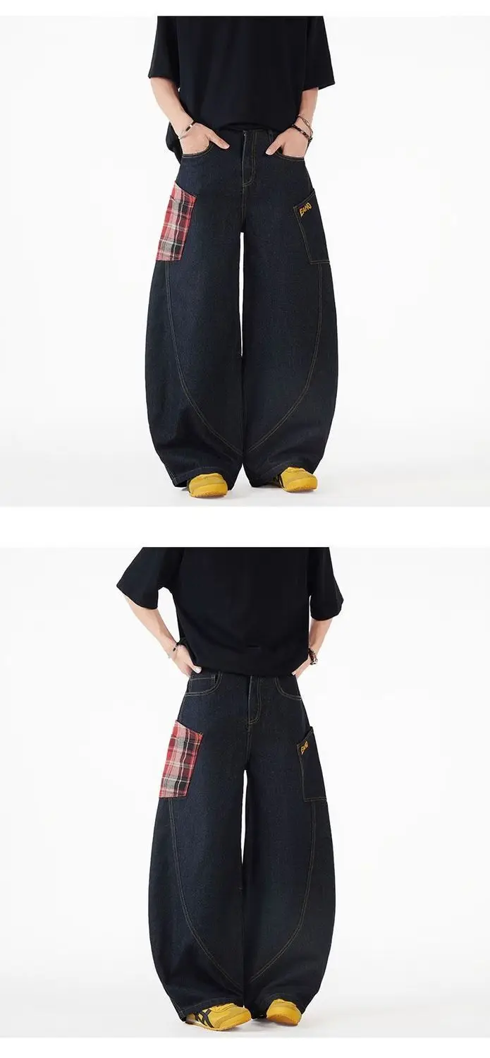 Vintage Y2k Plaid Wide Leg Baggy Pants Men Streetwear Black Straight Denim Long Trousers Loose Patchwork Fashion Curved Pants