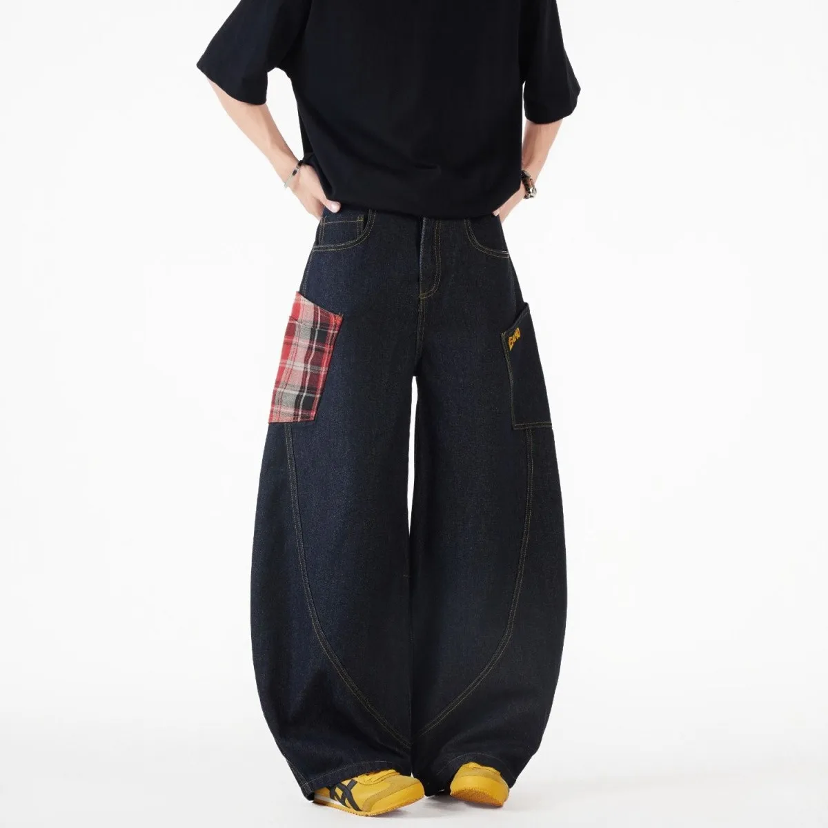 Vintage Y2k Plaid Wide Leg Baggy Pants Men Streetwear Black Straight Denim Long Trousers Loose Patchwork Fashion Curved Pants