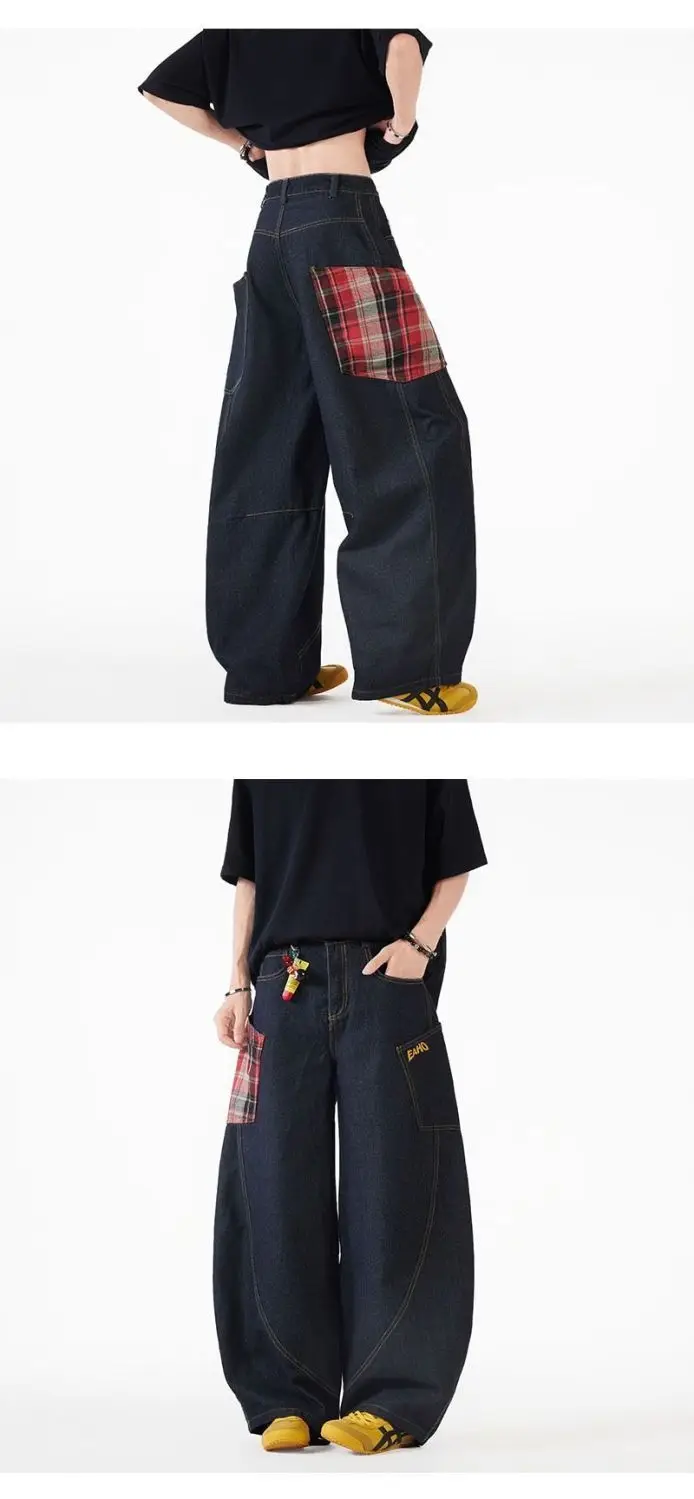 Vintage Y2k Plaid Wide Leg Baggy Pants Men Streetwear Black Straight Denim Long Trousers Loose Patchwork Fashion Curved Pants
