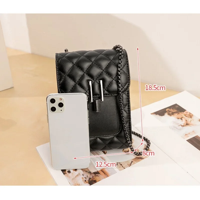 Black Vertical Leather Women's Crossbody Phone Bag with Metal Buckle and Long Chain Strap