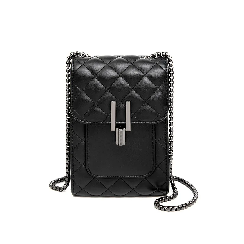 Black Vertical Leather Women's Crossbody Phone Bag with Metal Buckle and Long Chain Strap