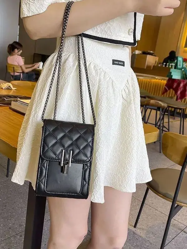 Black Vertical Leather Women's Crossbody Phone Bag with Metal Buckle and Long Chain Strap