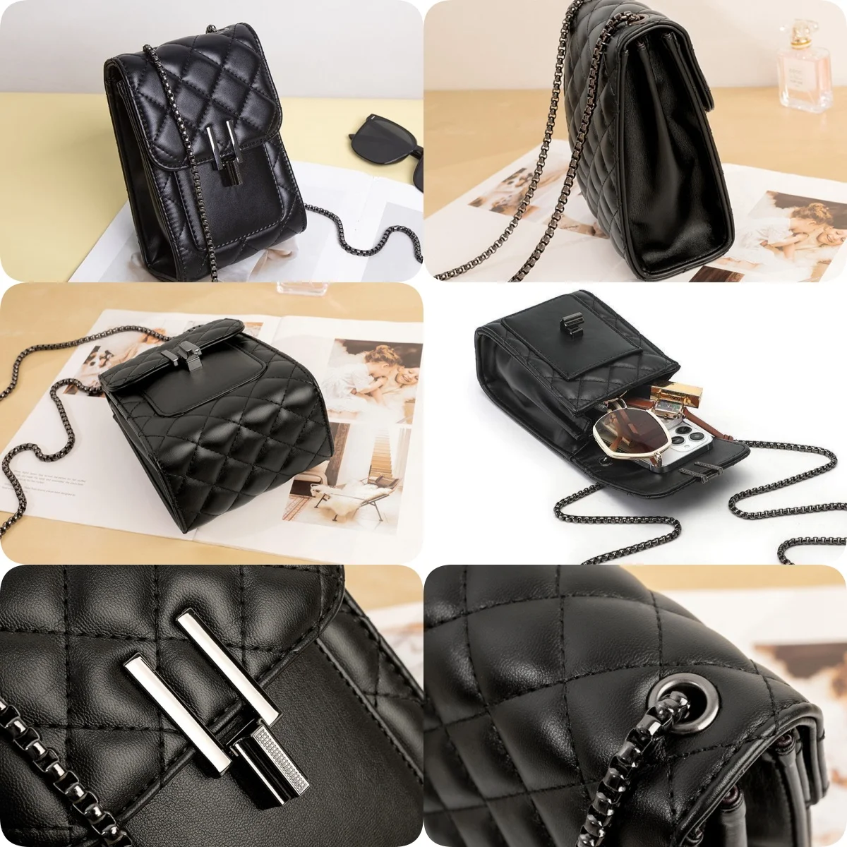 Black Vertical Leather Women's Crossbody Phone Bag with Metal Buckle and Long Chain Strap