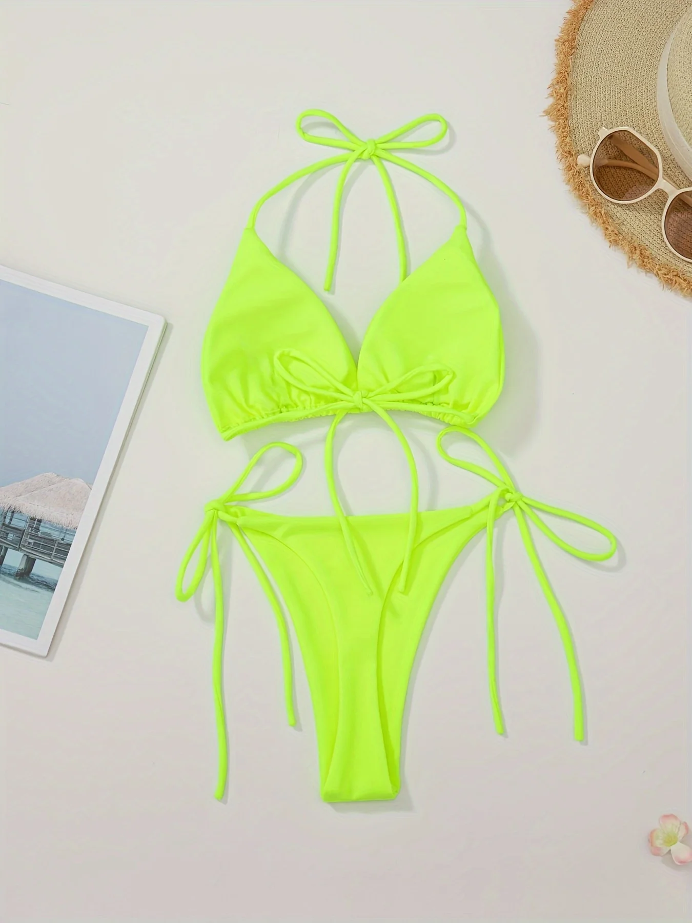 New European and American Style Solid Color Sexy Strappy Backless Halter Neck Women's Fashion Bikini Swimsuit