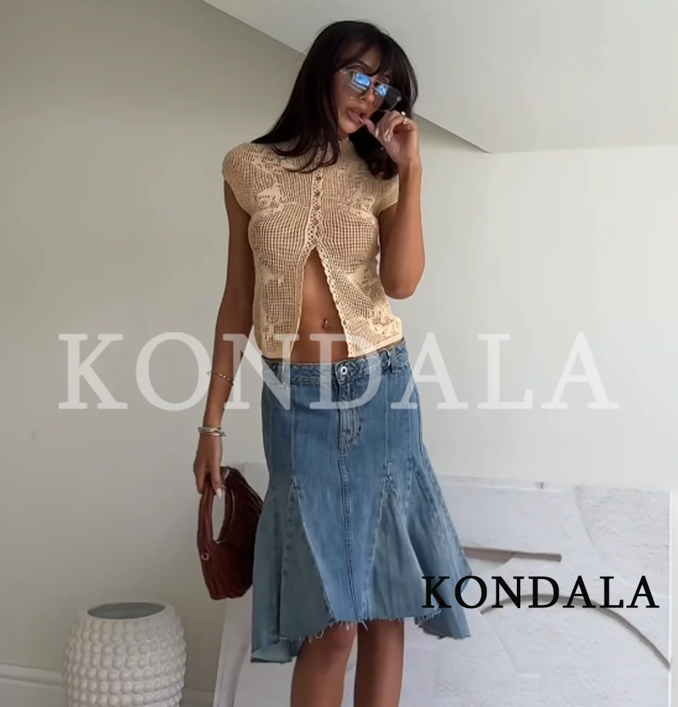 KONDALA Women Summer Elegant Hollow Knit Vest High Street Holiday Leisure Vest New 2026 Trendy Beach Party Chic Ladies Slim Vest