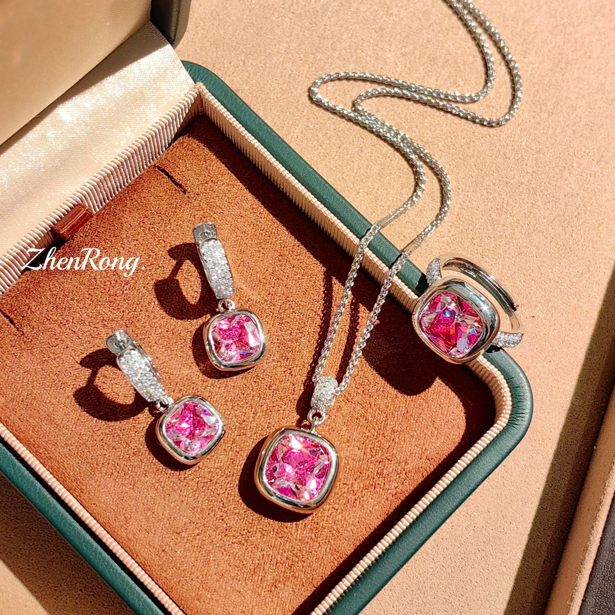 French Romantic Compact Paraiba Small Square Earrings Square Sugar Sea Blue Necklace Fat Square Mary Red Ring Female
